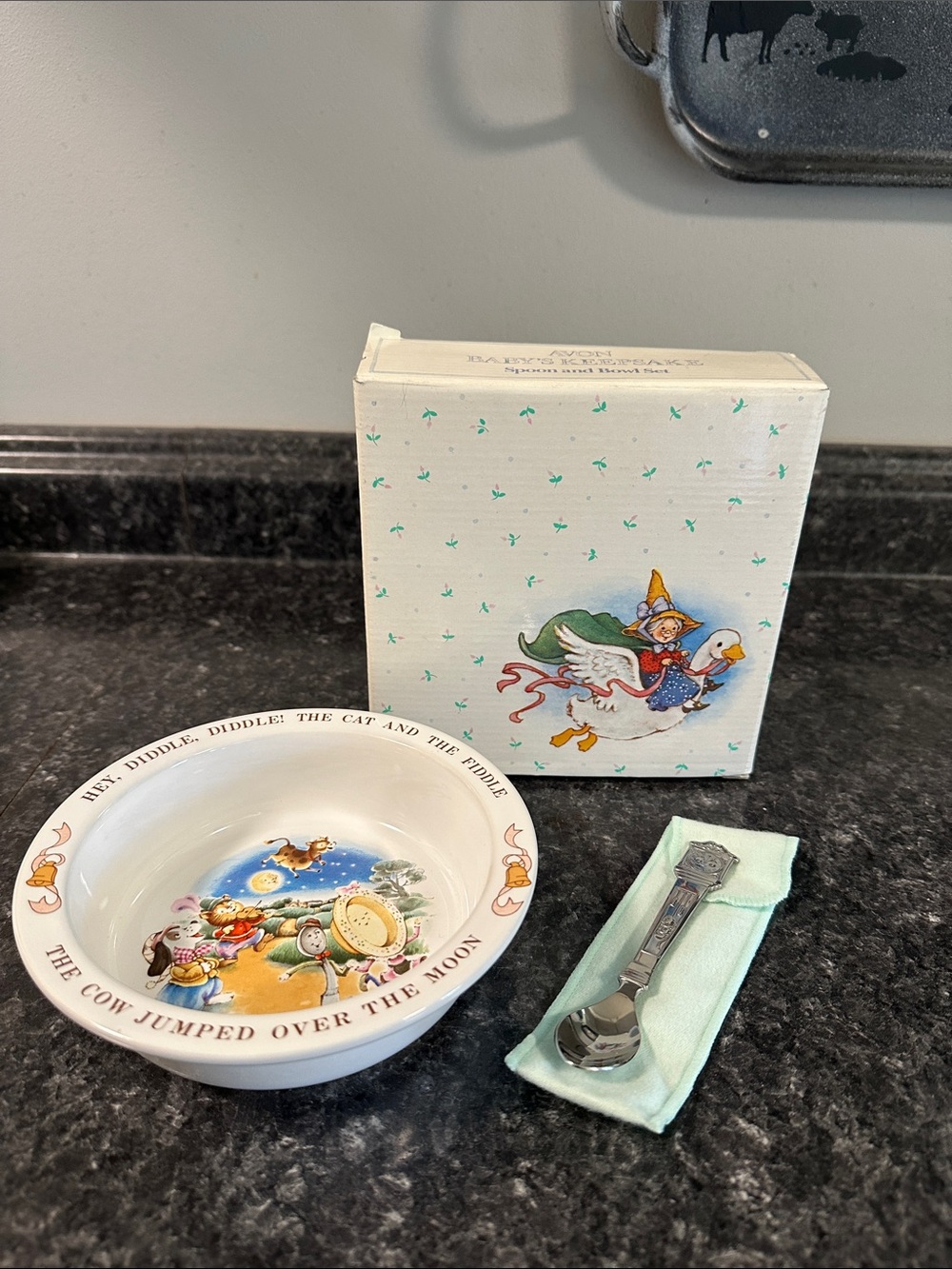 Avon 1984 Baby's Keepsake Spoon and Bowl Set Hey Diddle Diddle